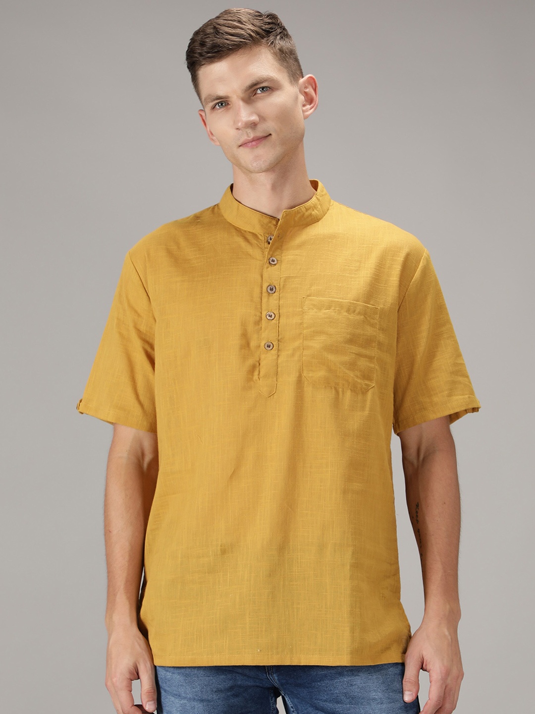 

Cot'N Soft Men Mustard Yellow Solid Cotton Kurta