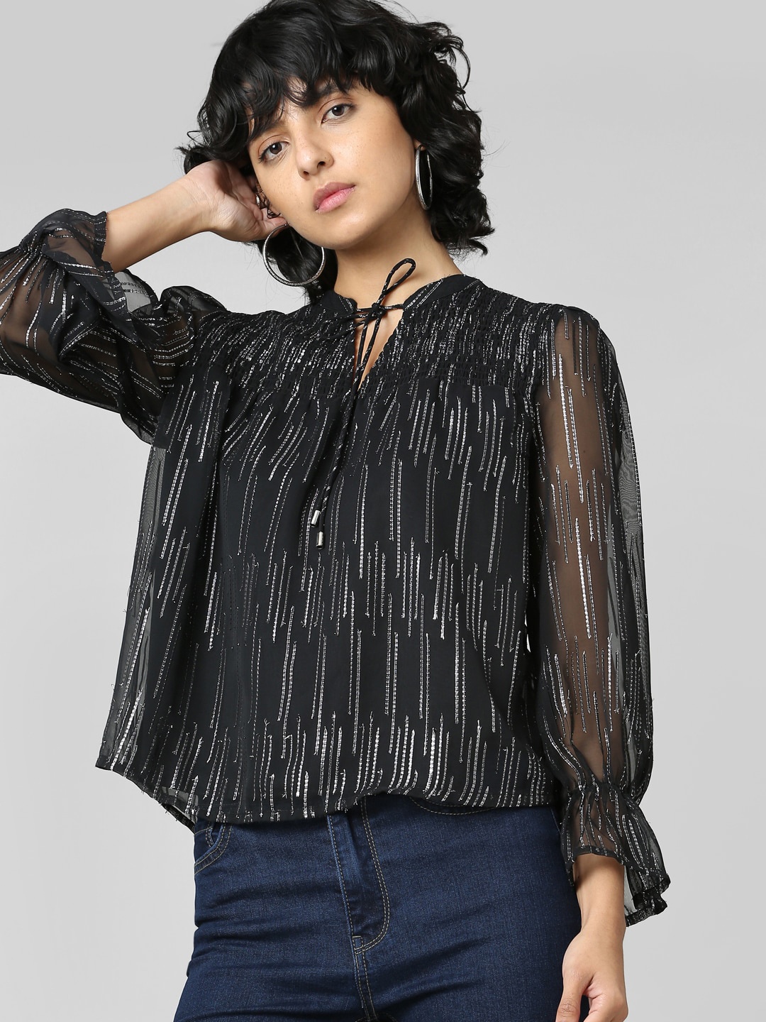

ONLY Black & Silver Geometric Printed Tie-Up Neck Top