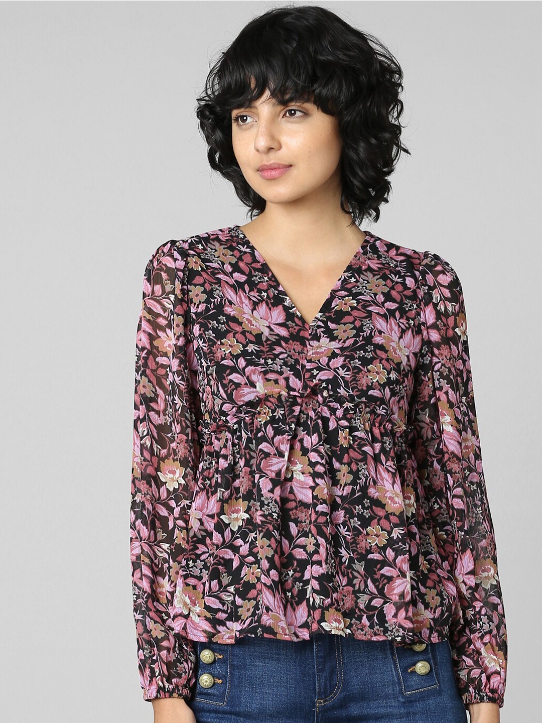 

ONLY Black & Purple Floral Printed V-Neck Top