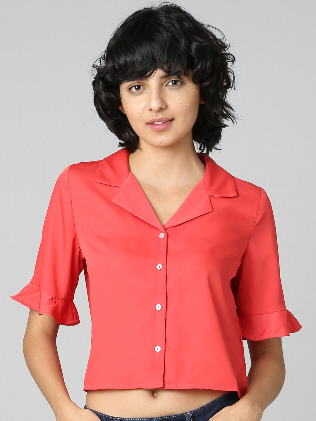 

ONLY Women Coral Solid Cotton Crop Casual Shirt