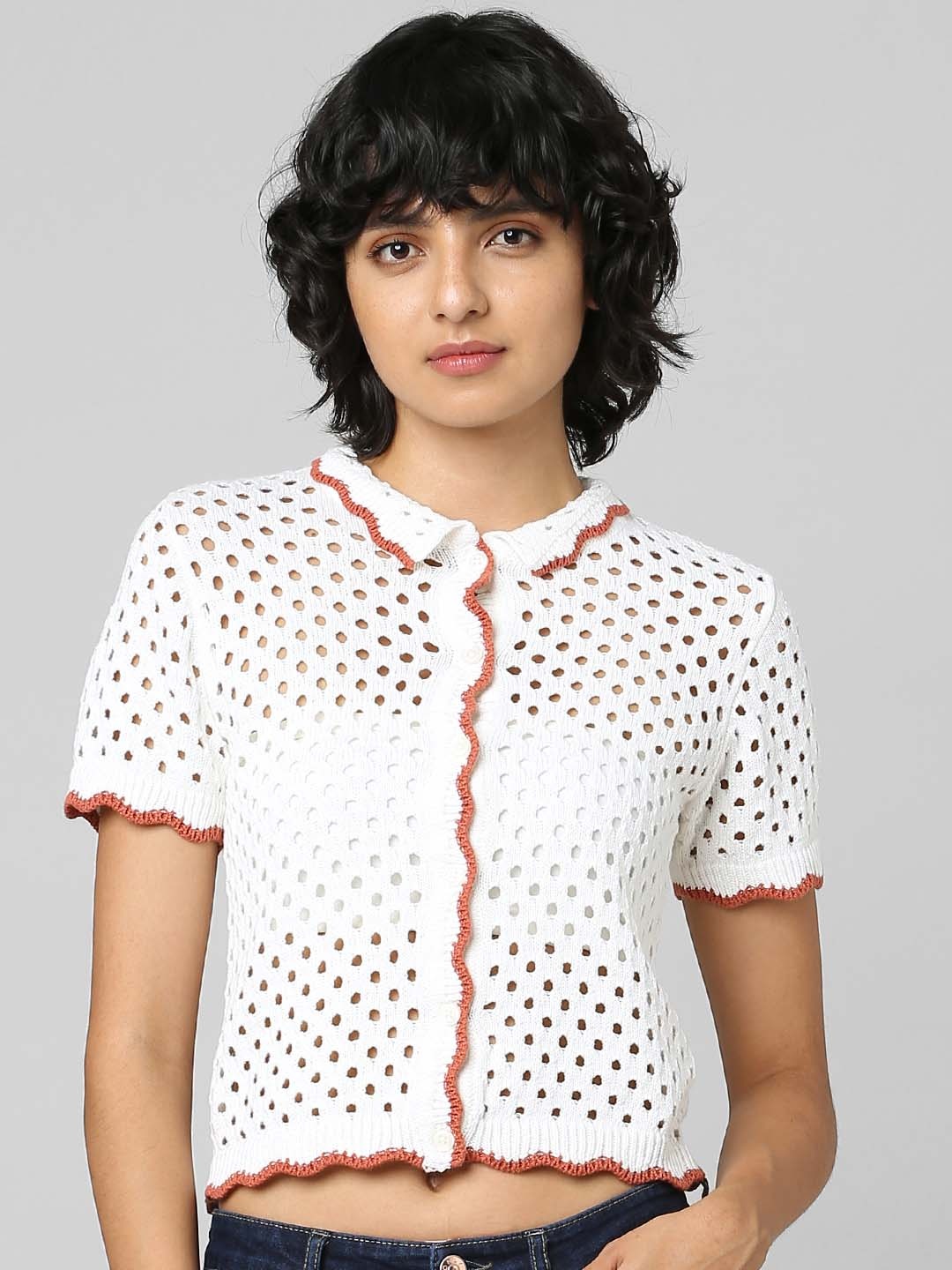 

ONLY Women White Self Design Cotton Casual Shirt