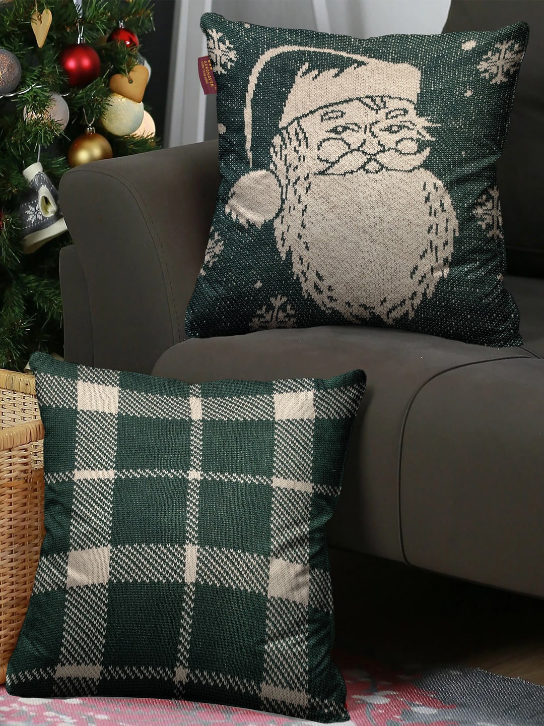 

AEROHAVEN Green & Beige Set of 2 Checked Cotton Square Cushion Covers