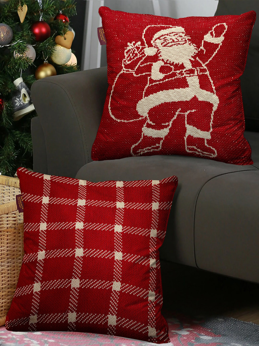 

AEROHAVEN Red & Cream-Coloured Set of 2 Checked Cotton Square Cushion Covers