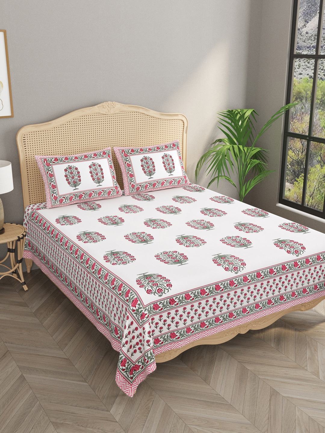 

Gulaab Jaipur White & Pink Floral 400 TC King Bedsheet with 2 Pillow Covers