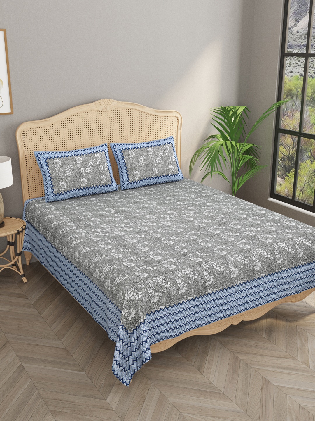 

Gulaab Jaipur Grey & Blue Floral 400 TC King Bedsheet with 2 Pillow Covers