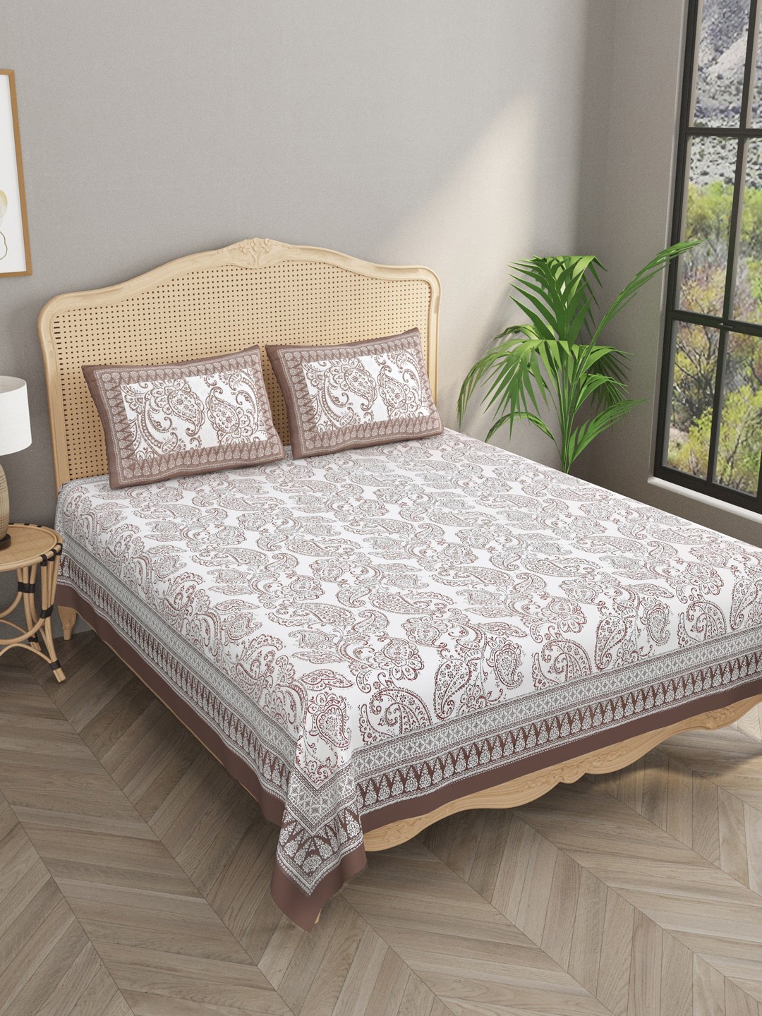 

Gulaab Jaipur Brown & White Ethnic Motifs 400 TC King Bedsheet with 2 Pillow Covers