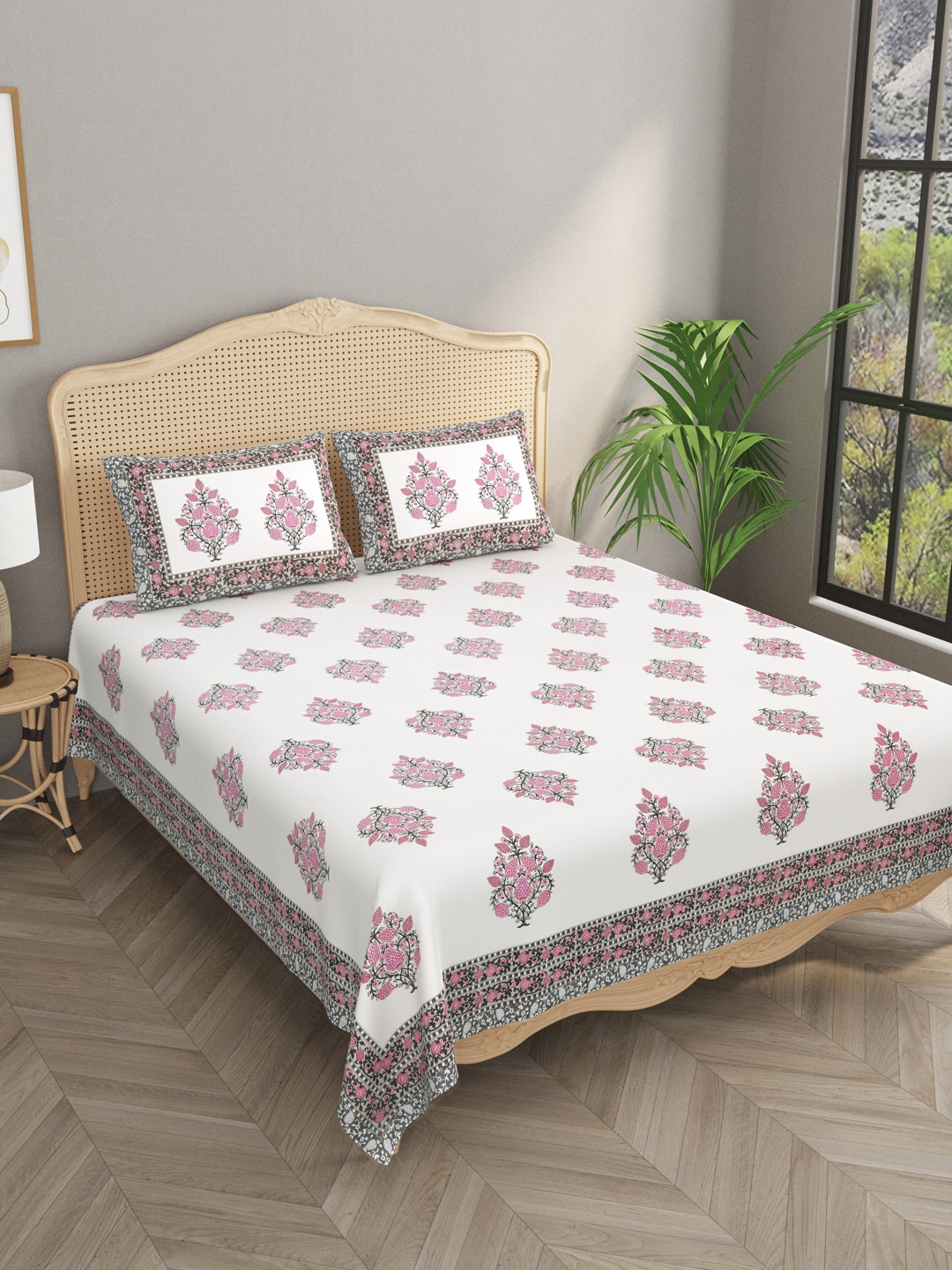 

Gulaab Jaipur White & Pink Floral Egyptian Cotton King Bedsheet with 2 Pillow Covers