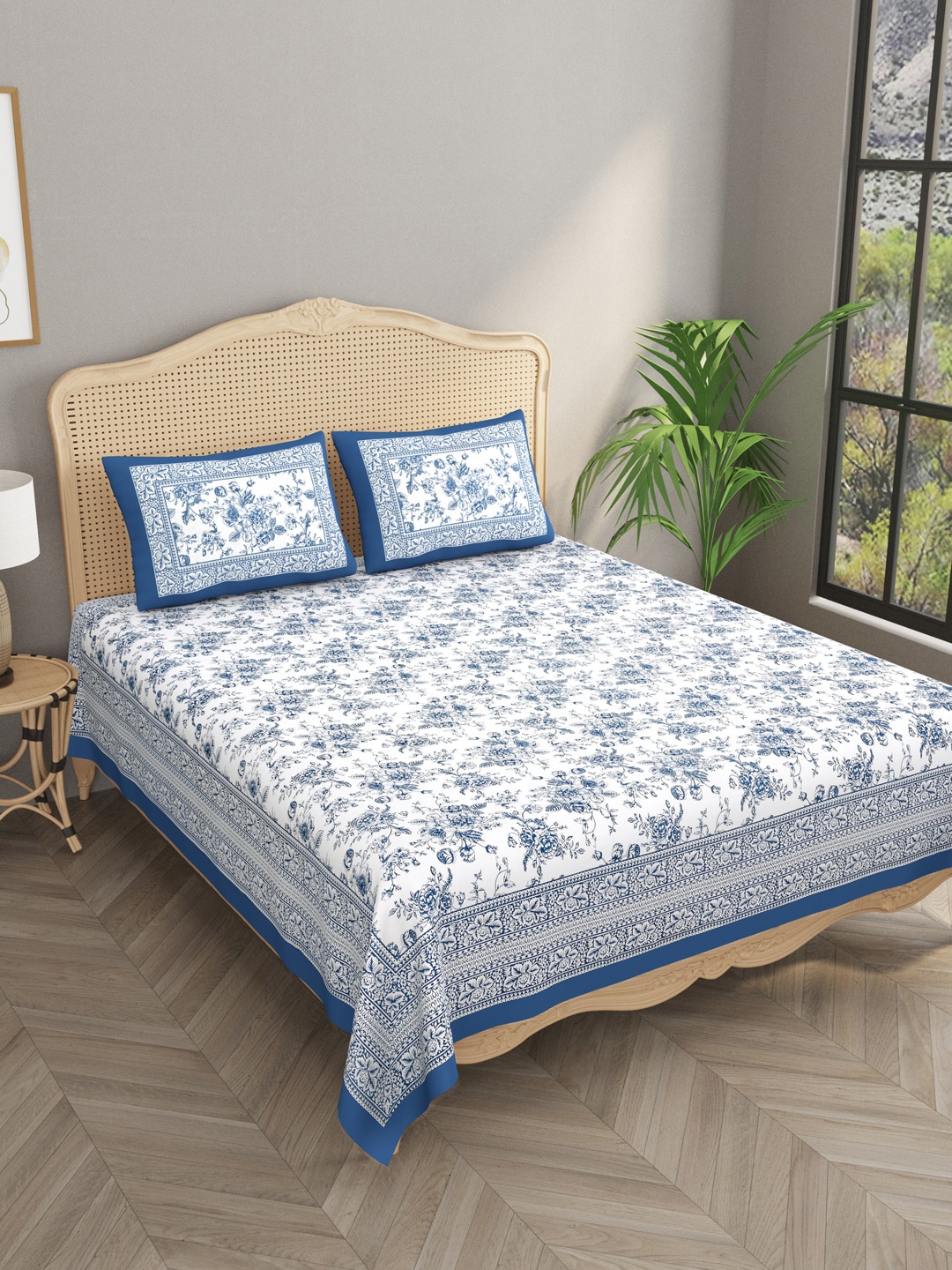 

Gulaab Jaipur Blue & White Floral 400 TC King Bedsheet with 2 Pillow Covers