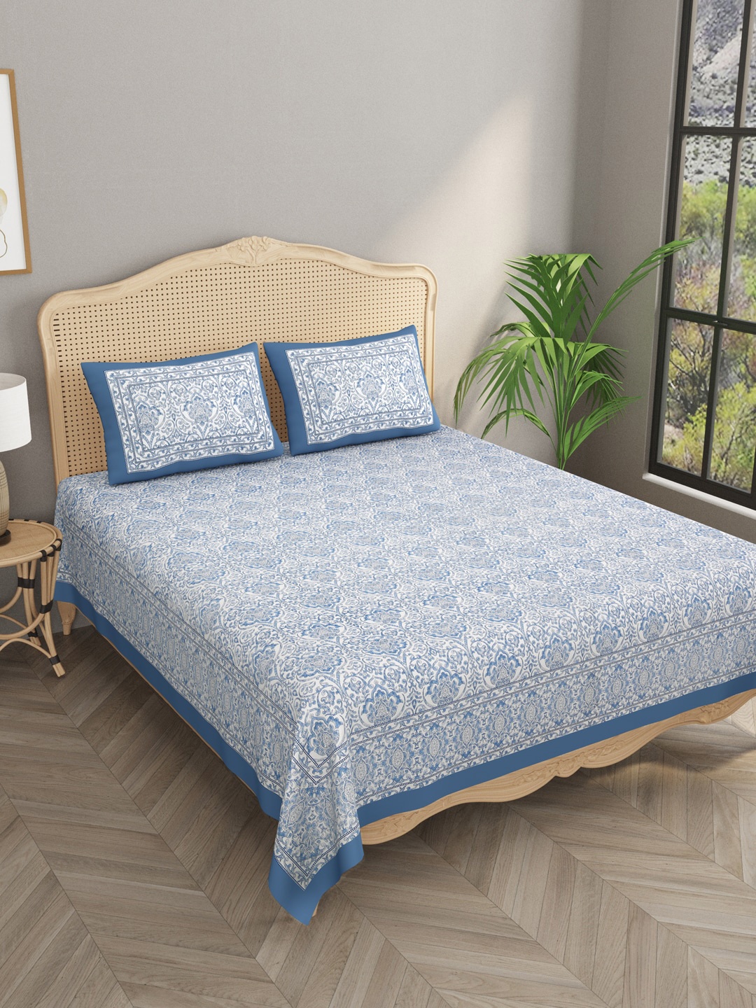

Gulaab Jaipur Blue & White Floral 400 TC King Bedsheet with 2 Pillow Covers