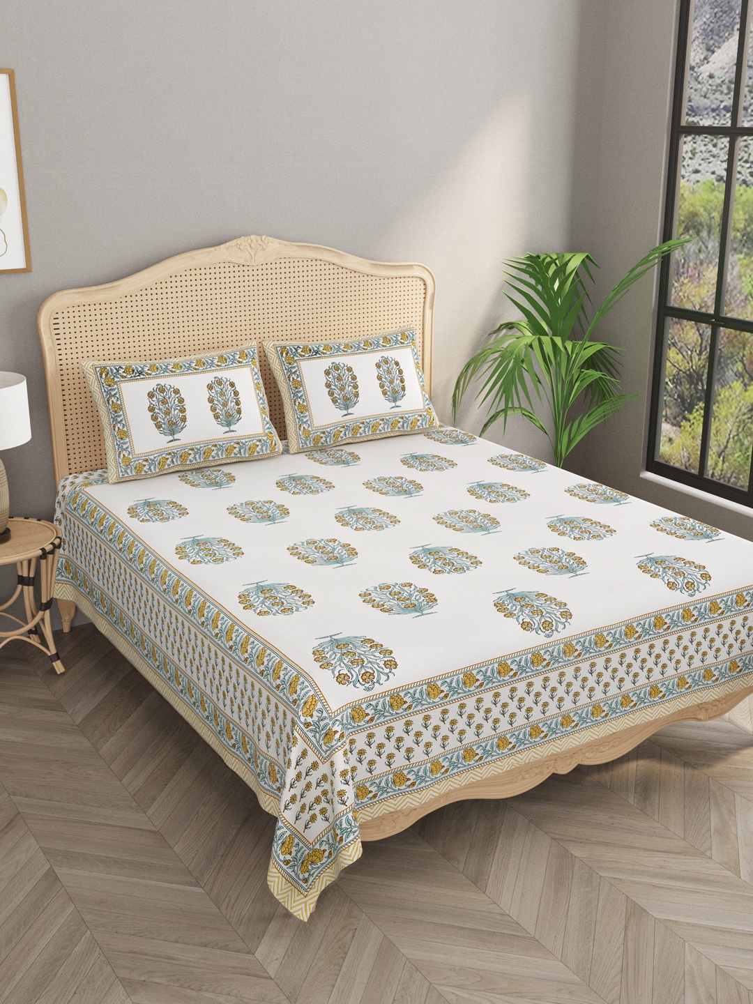 

Gulaab Jaipur White & Blue Floral 400 TC King Bedsheet with 2 Pillow Covers