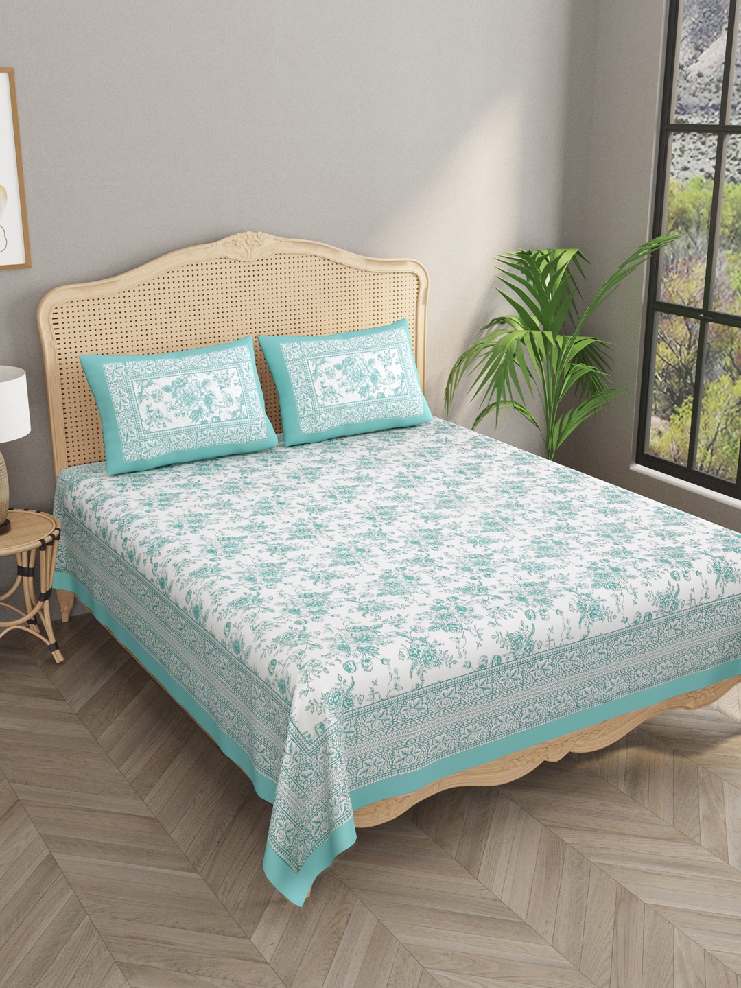 

Gulaab Jaipur White & Blue Floral 400 TC King Bedsheet with 2 Pillow Covers