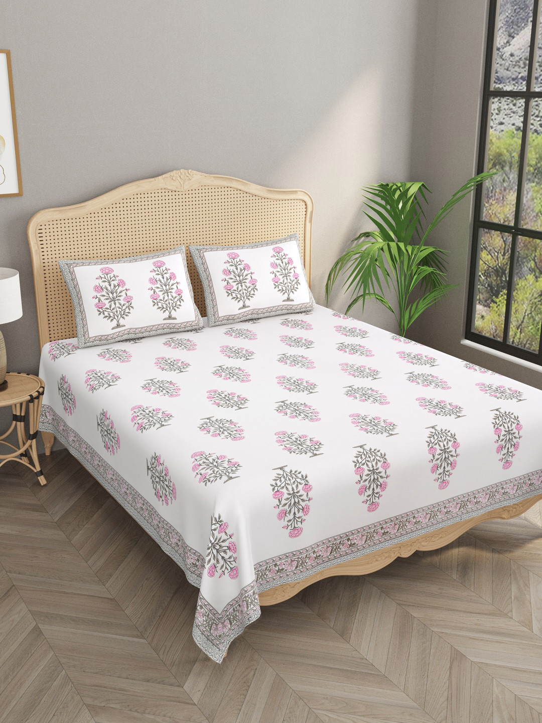

Gulaab Jaipur White & Pink Floral Egyptian Cotton King Bedsheet with 2 Pillow Covers