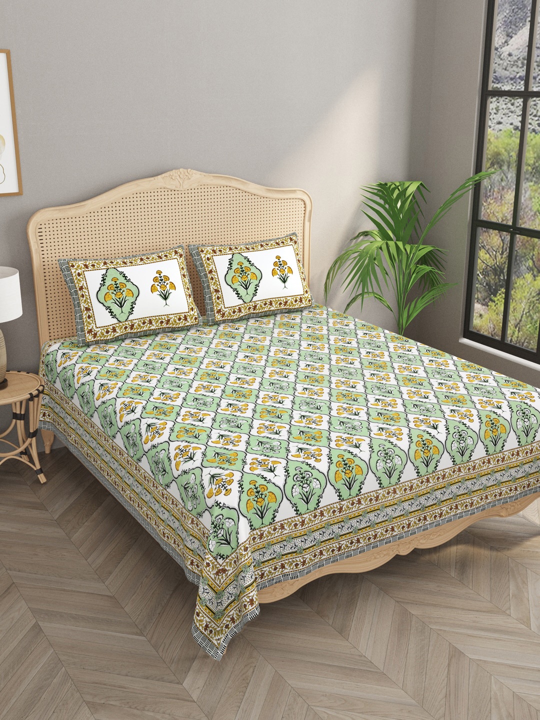 

Gulaab Jaipur Green & White Floral Egyptian Cotton King Bedsheet with 2 Pillow Covers