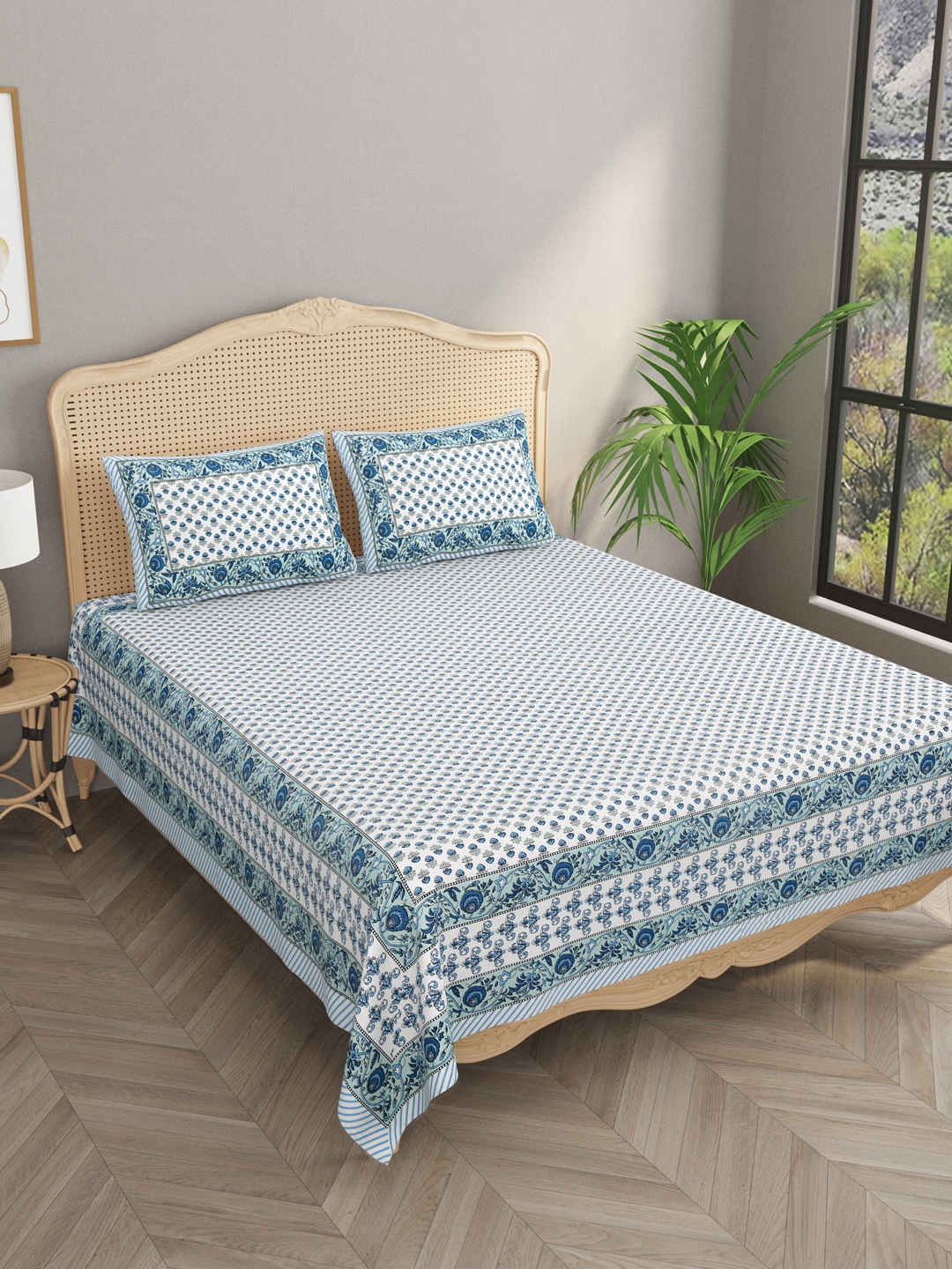 

Gulaab Jaipur Blue & White Floral 400 TC King Bedsheet with 2 Pillow Covers
