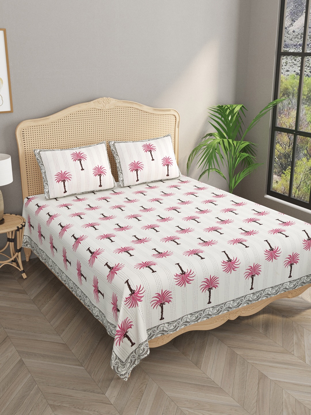 

Gulaab Jaipur White & Pink Floral 400 TC King Bedsheet with 2 Pillow Covers