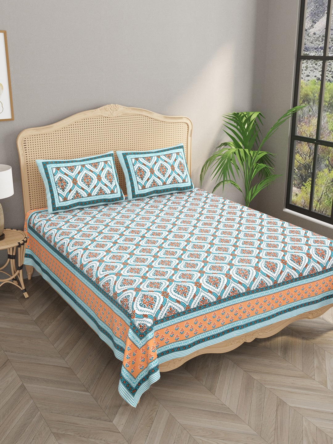 

Gulaab Jaipur Orange & White Floral 400 TC King Bedsheet with 2 Pillow Covers