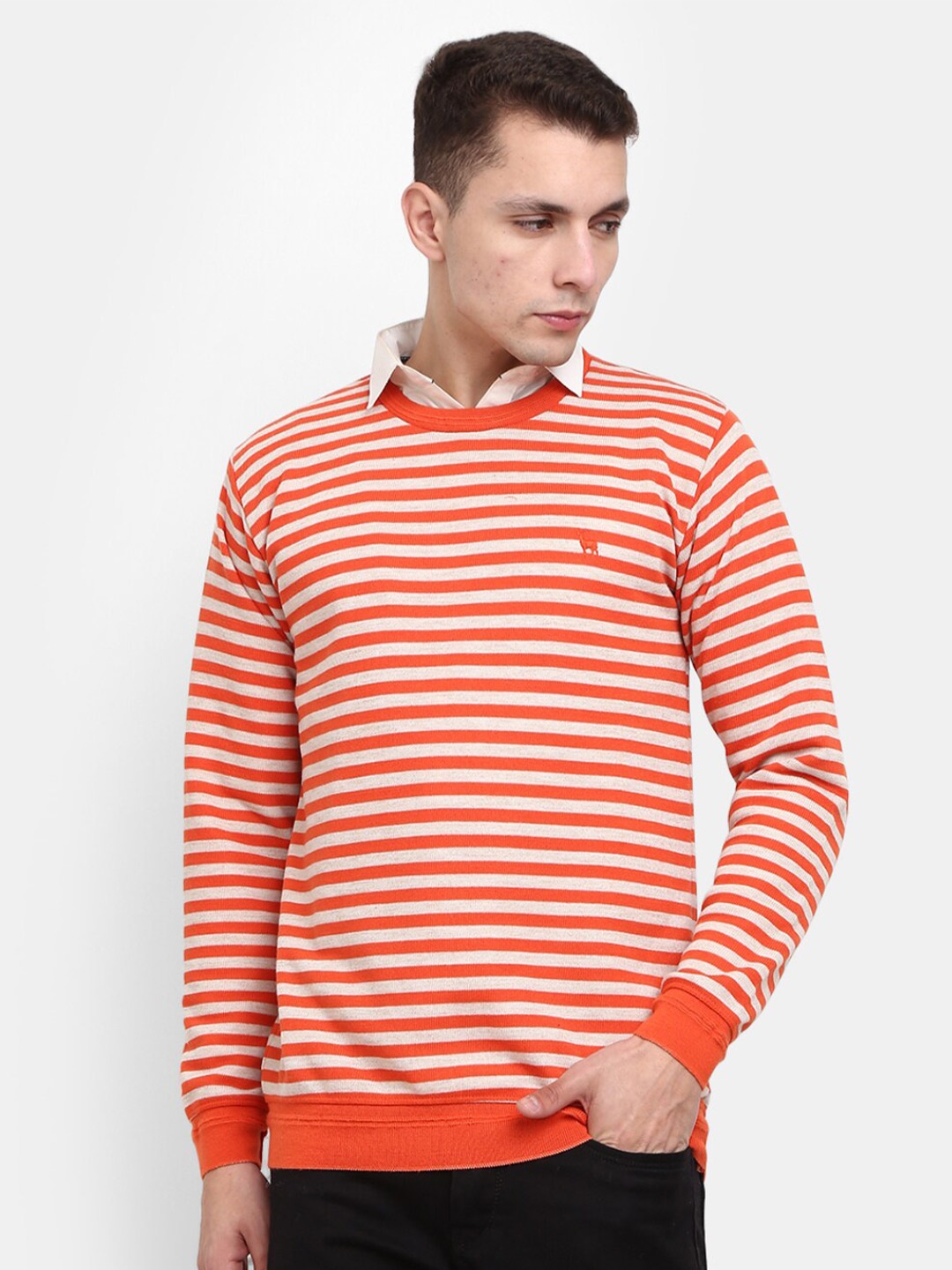

V-Mart Men Orange Striped Fleece Sweatshirt