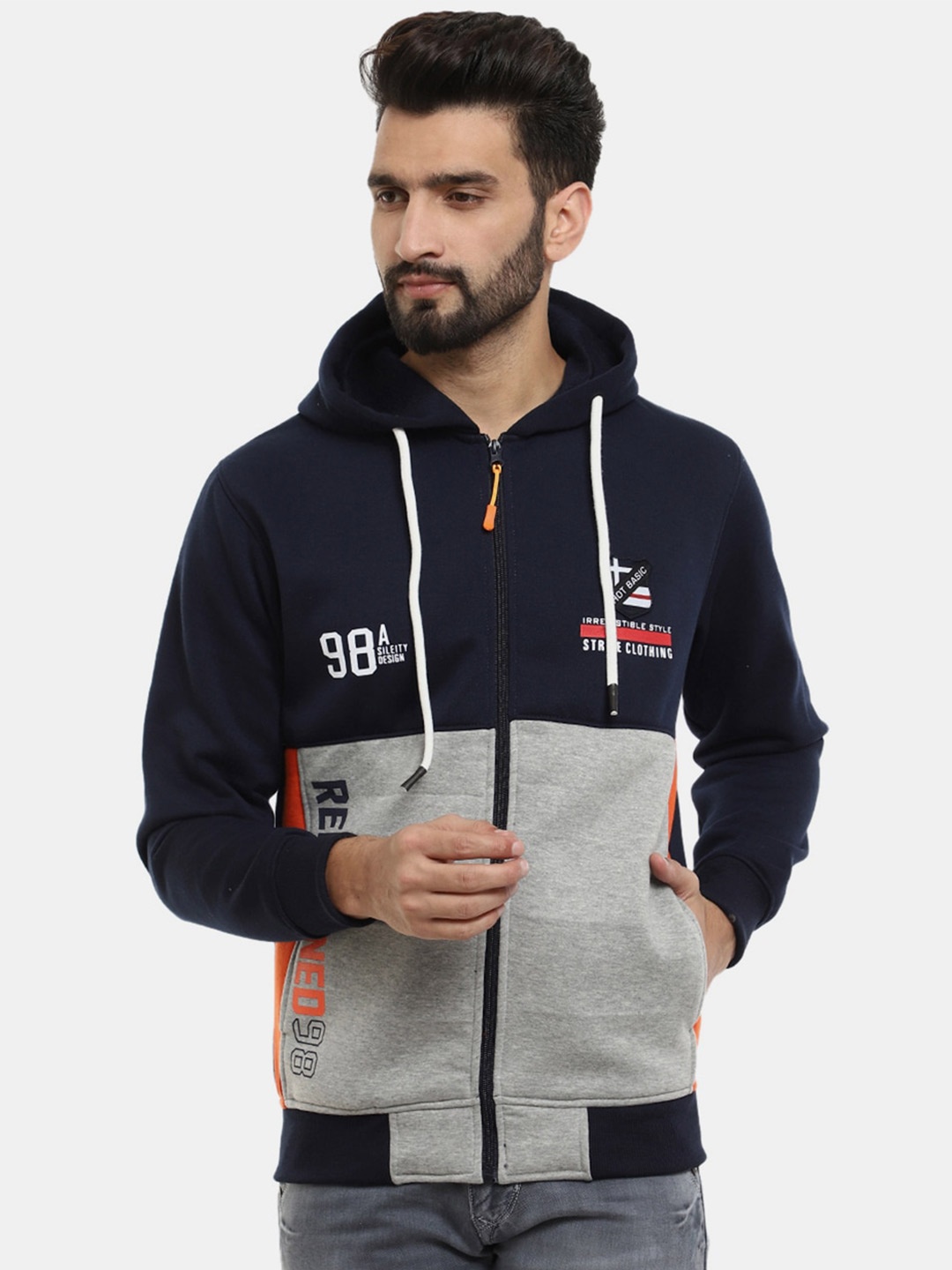 

V-Mart Men Navy Blue Colour blocked Fleece Hooded Sweatshirt