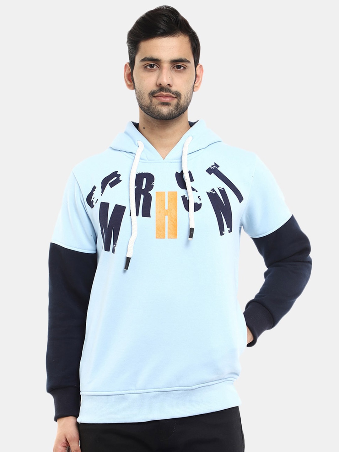 

V-Mart Men Blue Colourblocked Fleece Hooded Sweatshirt