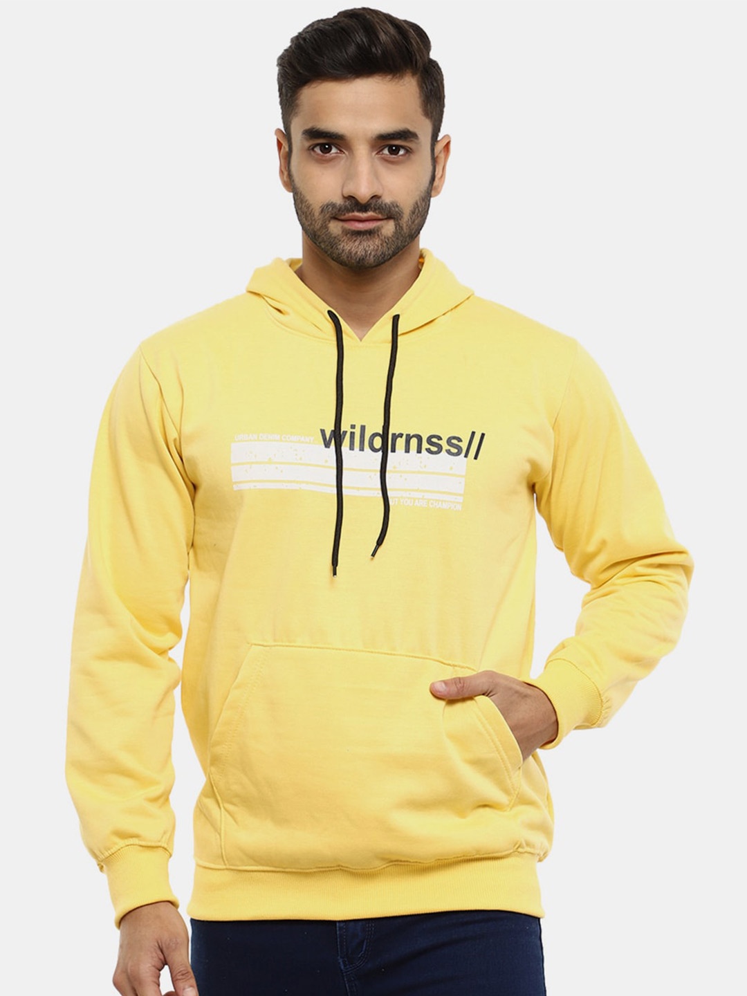 

V-Mart Men Yellow Printed Fleece Hooded Sweatshirt