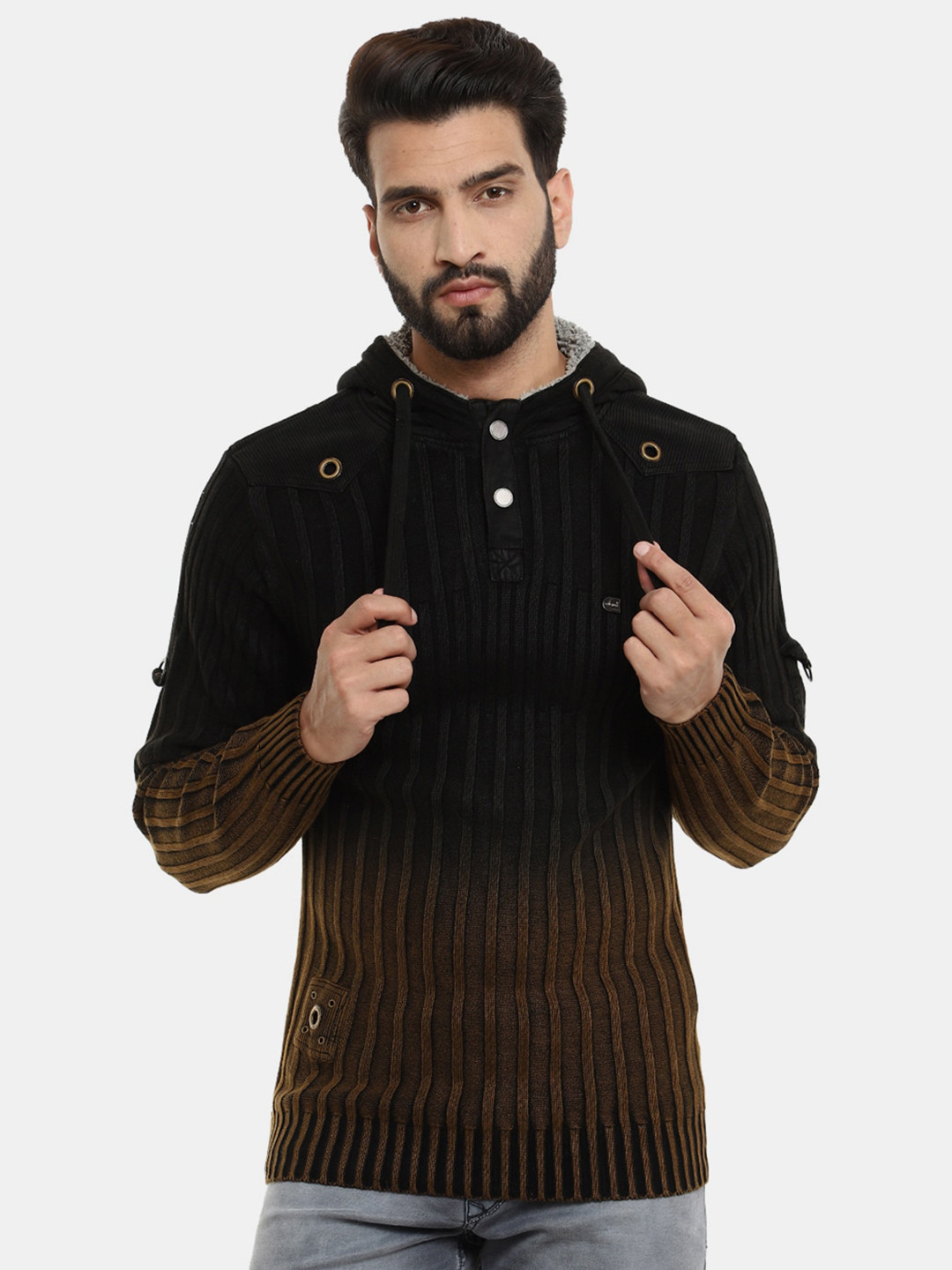 

V-Mart Men Brown Colourblocked Hooded Fleece Sweatshirt
