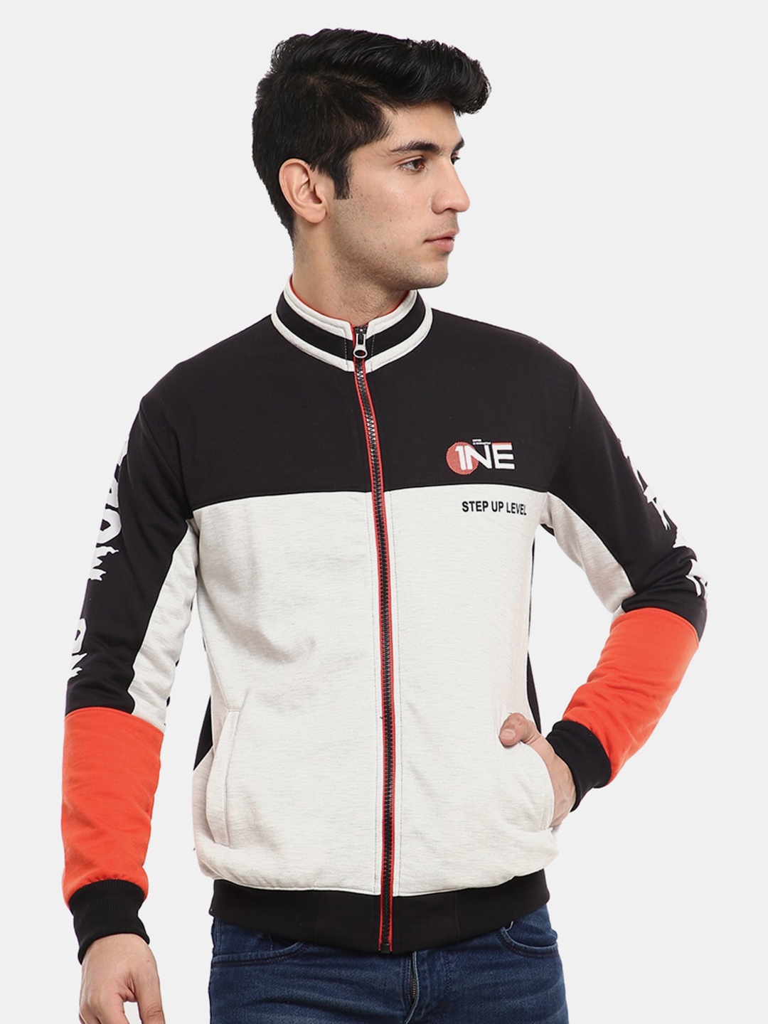 

V-Mart Men Black Off White Colourblocked Fleece Bomber Jacket