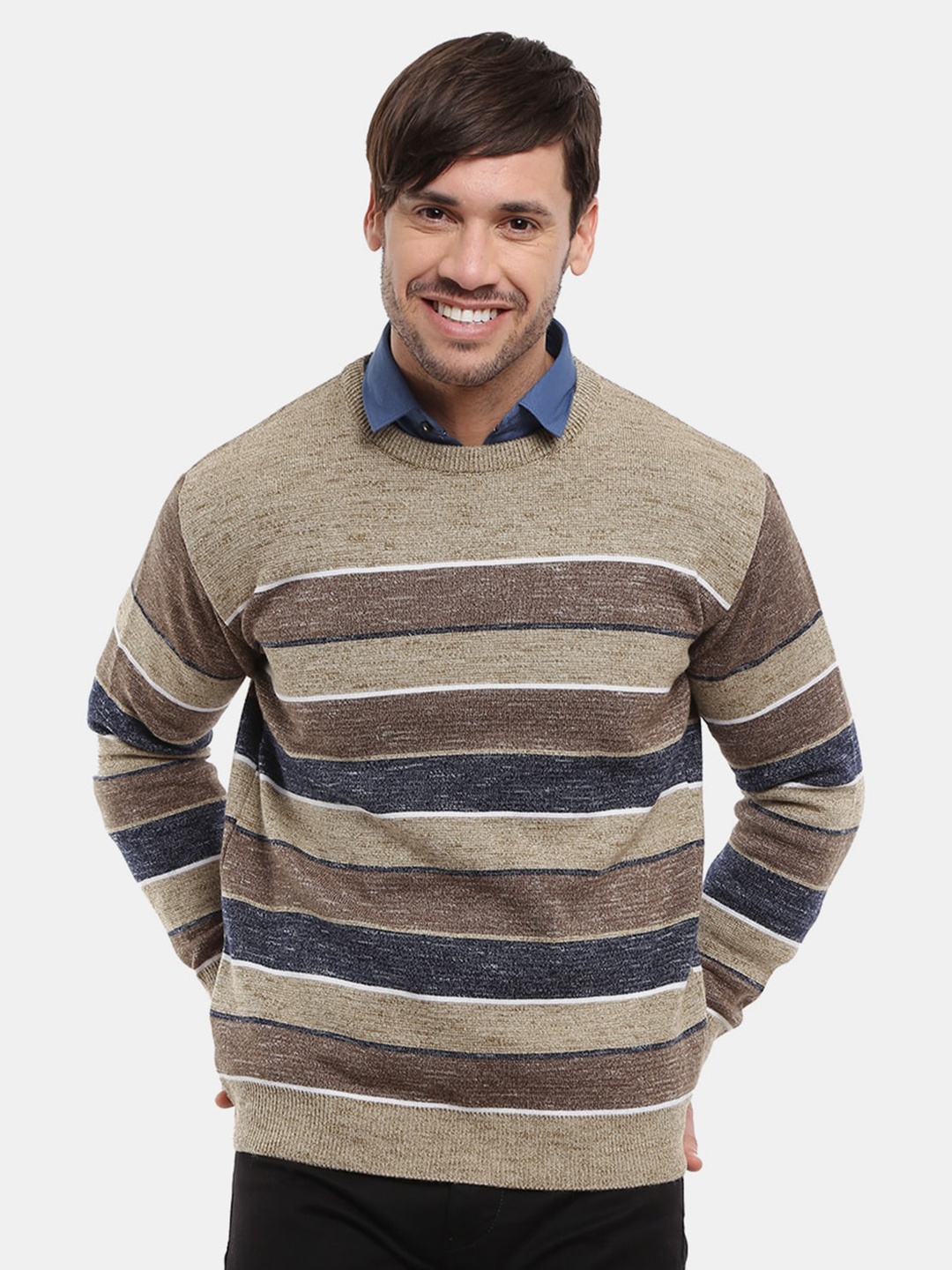 

V-Mart Men Beige Striped Fleece Pullover