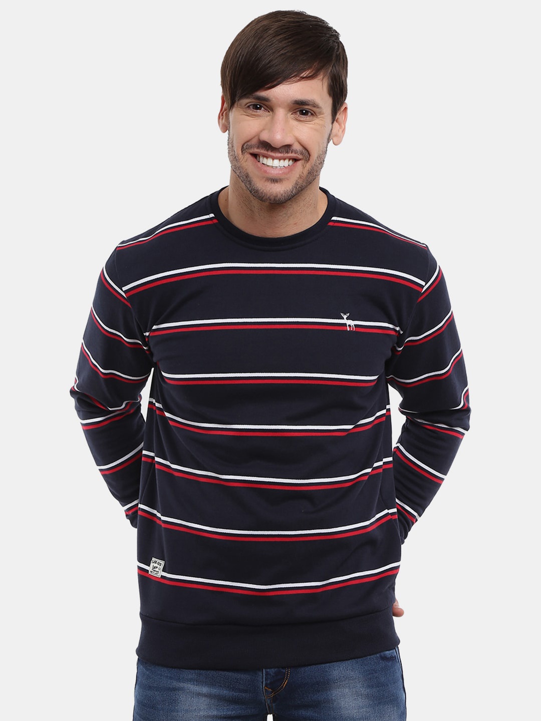 

V-Mart Men Navy Blue Striped Fleece Sweatshirt