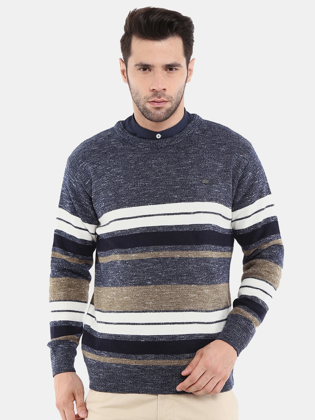 

V-Mart Men Navy Blue Striped Fleece Pullover