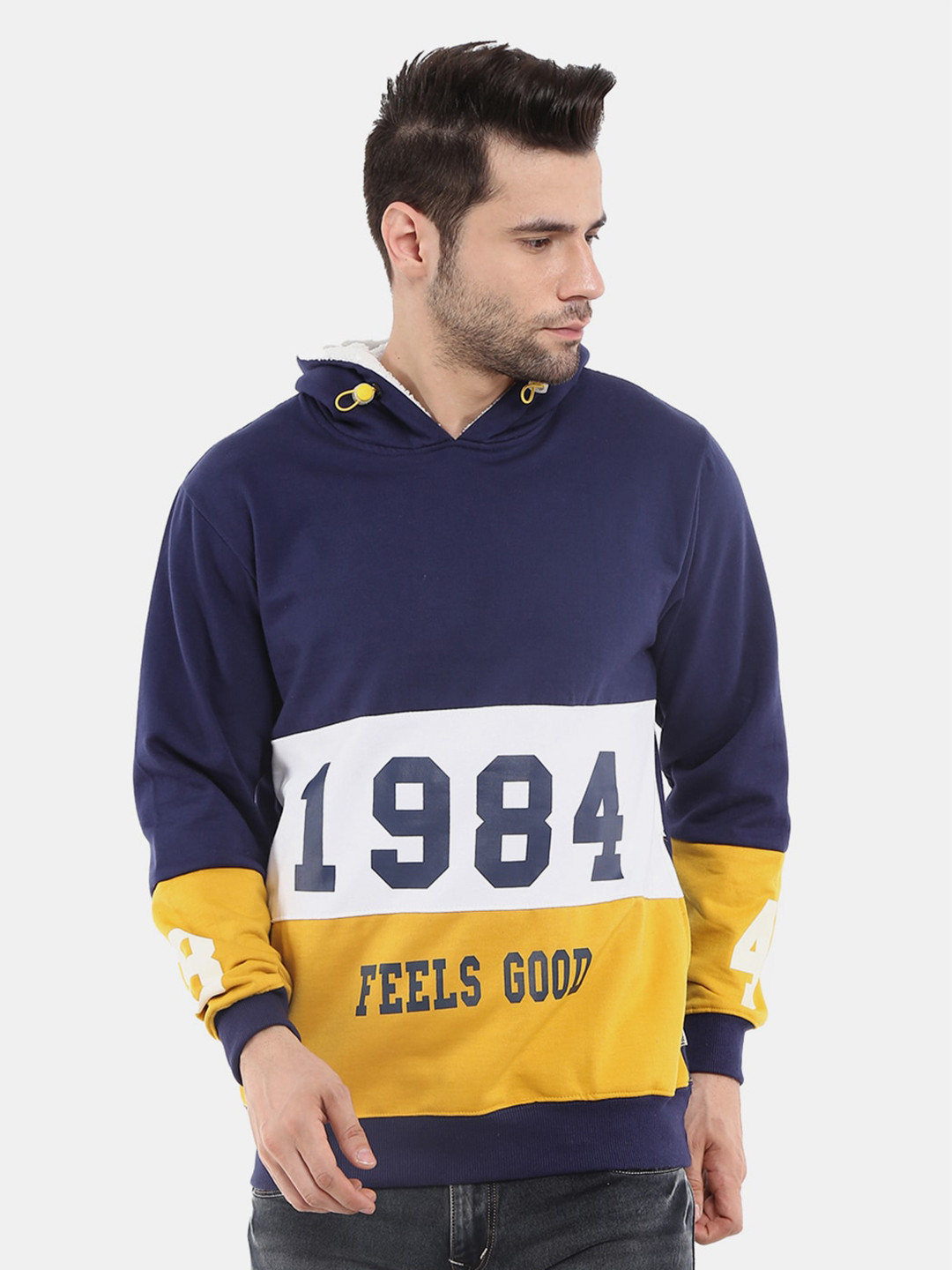 

V-Mart Men Blue Printed Hooded Fleece Sweatshirt