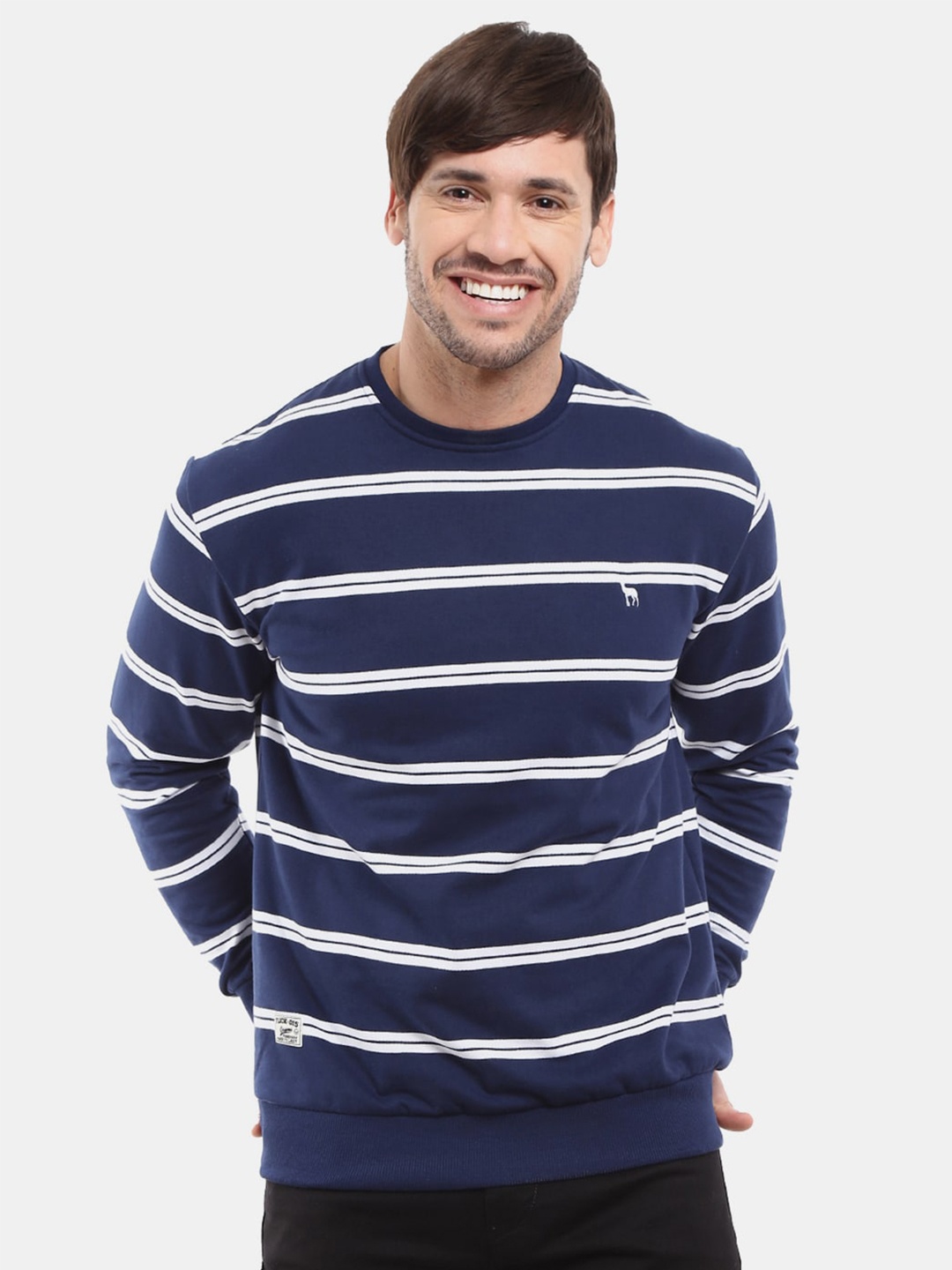 

V-Mart Men Navy Blue Striped Fleece Sweatshirt