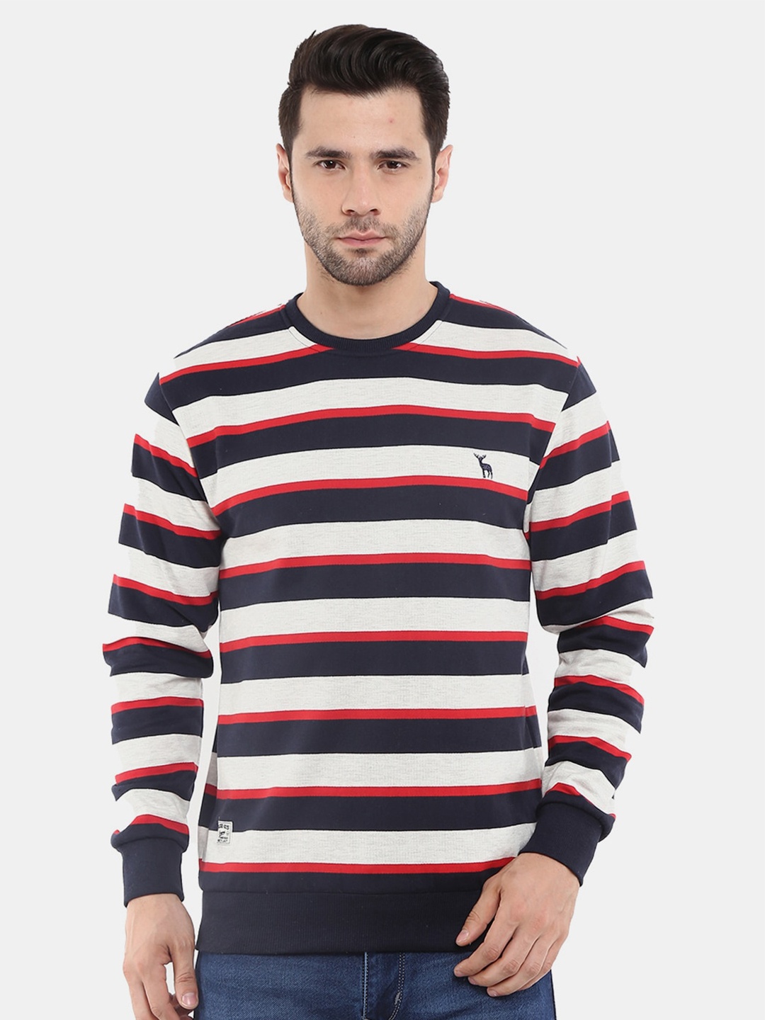

V-Mart Men Navy Blue Striped Fleece Sweatshirt