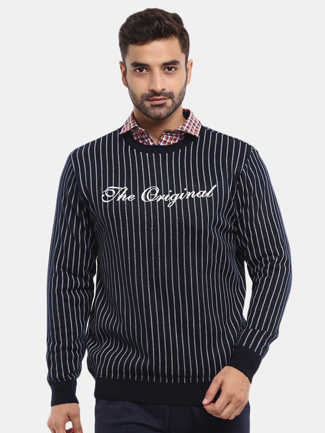 

V-Mart Men Navy Blue Striped Fleece Pullover