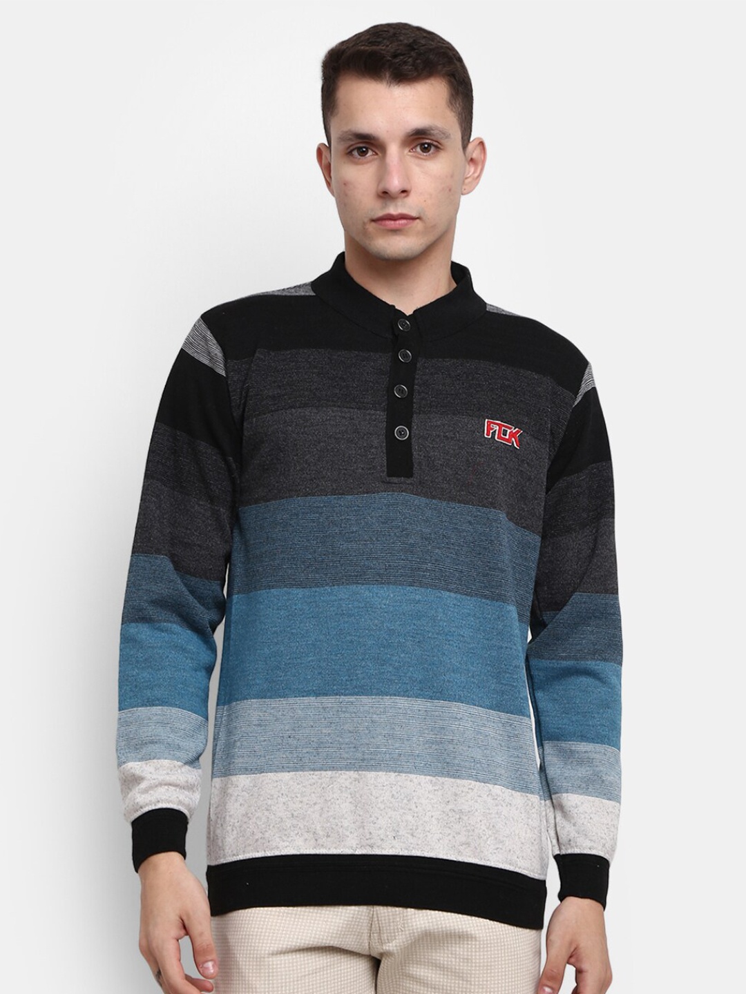 

V-Mart Men Grey Striped Fleece Sweatshirt