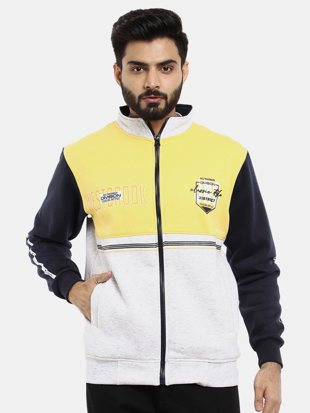 

V-Mart Men Beige Colourblocked Fleece Bomber Jacket