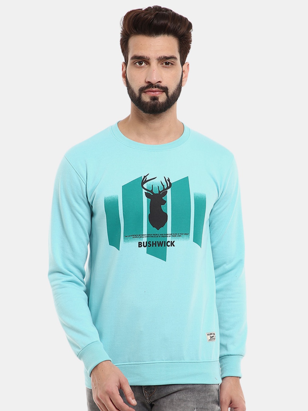 

V-Mart Men Turquoise Blue Printed Fleece Sweatshirt