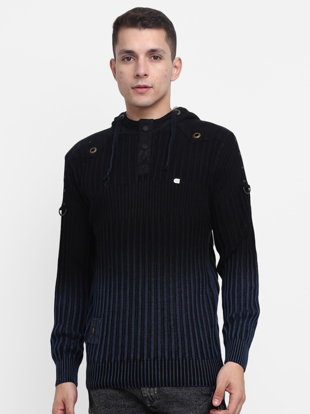 

V-Mart Men Navy Blue Striped Hooded Fleece Sweatshirt