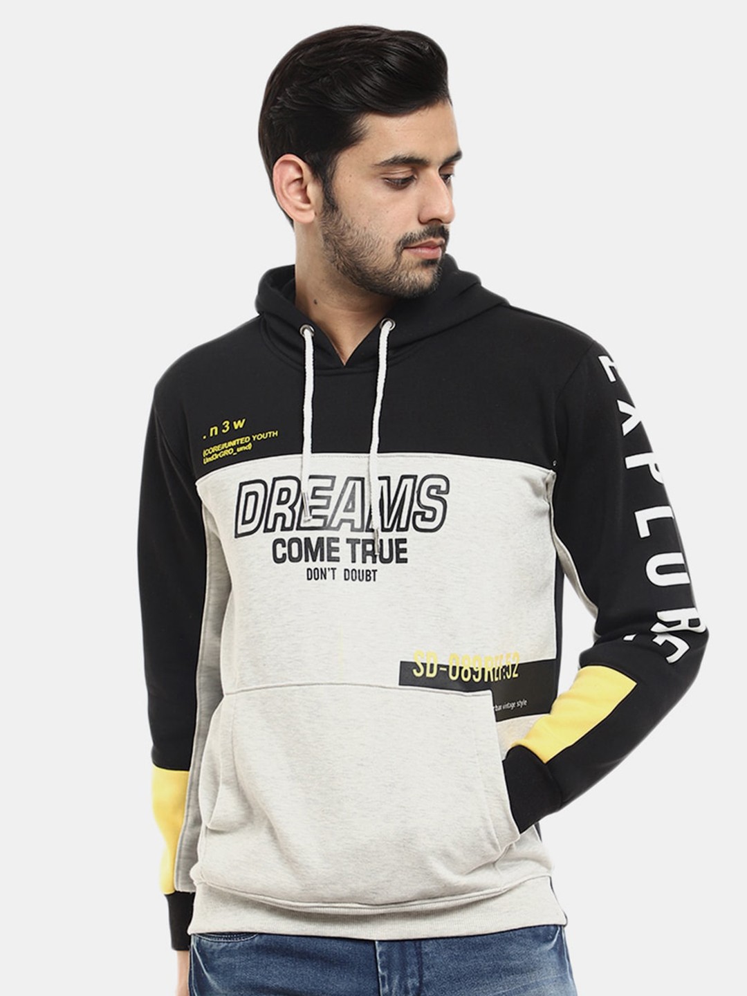

V-Mart Men Grey Melange Printed Hooded Fleece Sweatshirt