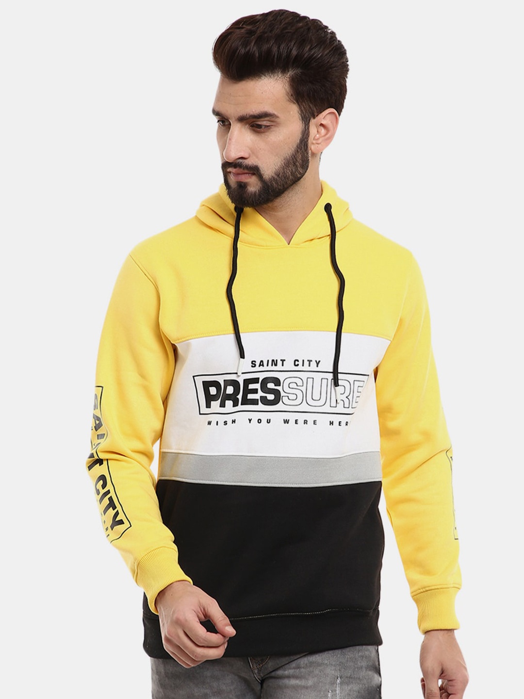 

V-Mart Men Yellow Colourblocked Hooded Sweatshirt