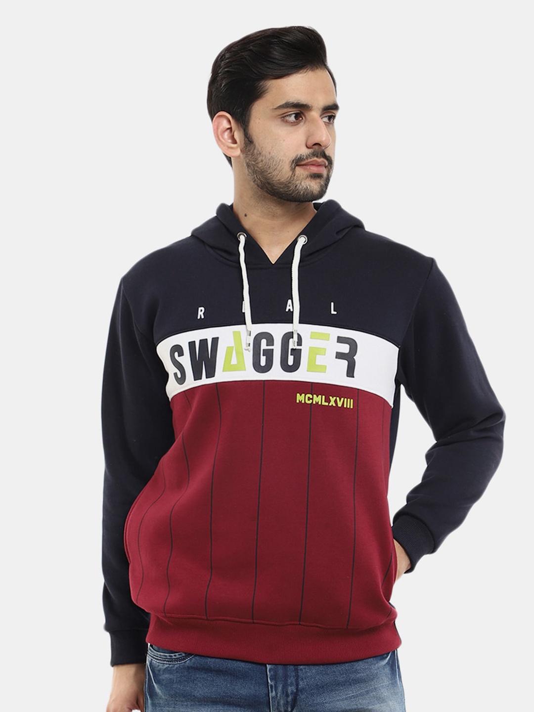 

V-Mart Men Navy Blue Colourblocked Hooded Sweatshirt