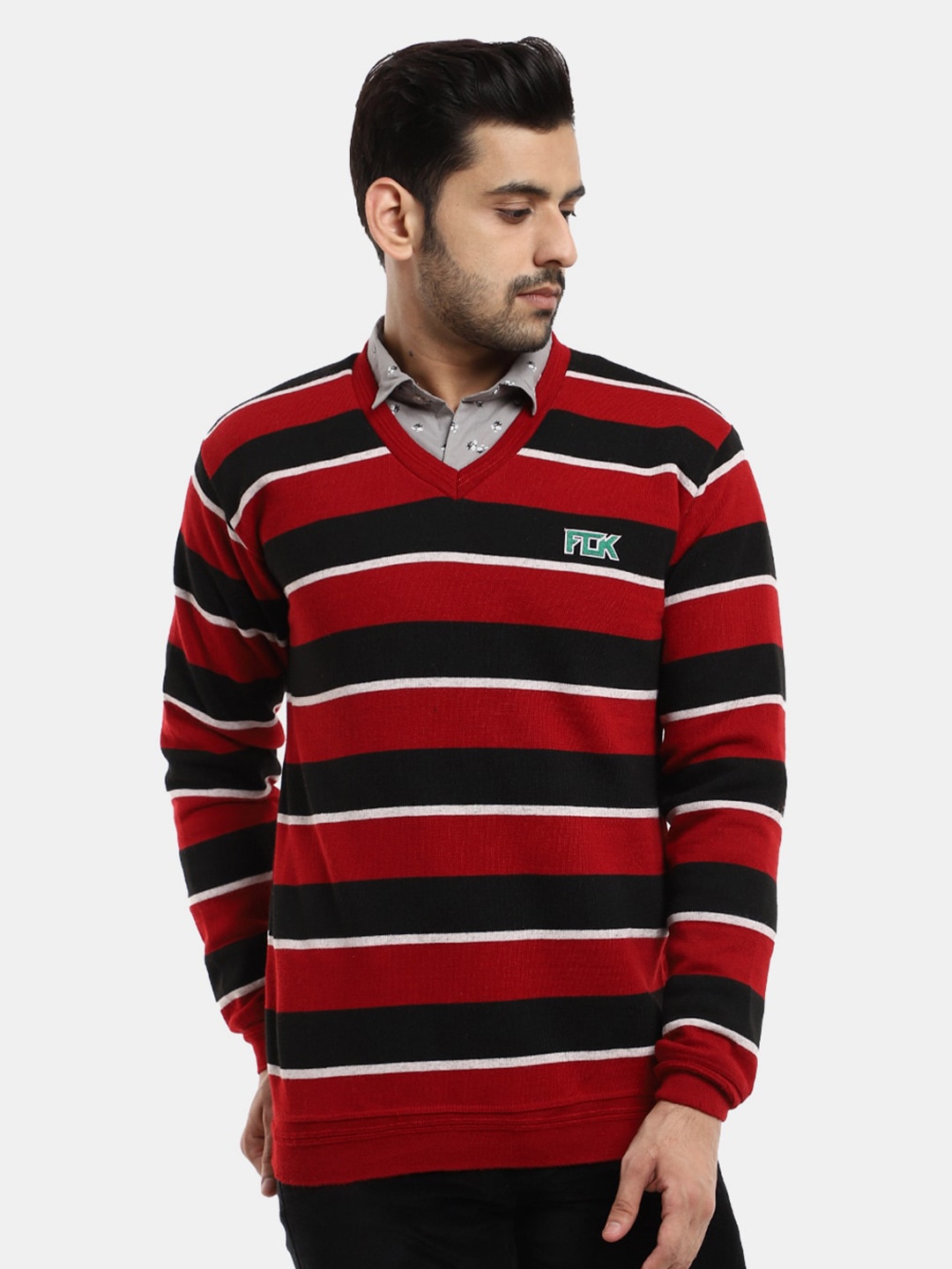 

V-Mart Men Maroon Striped Sweatshirt