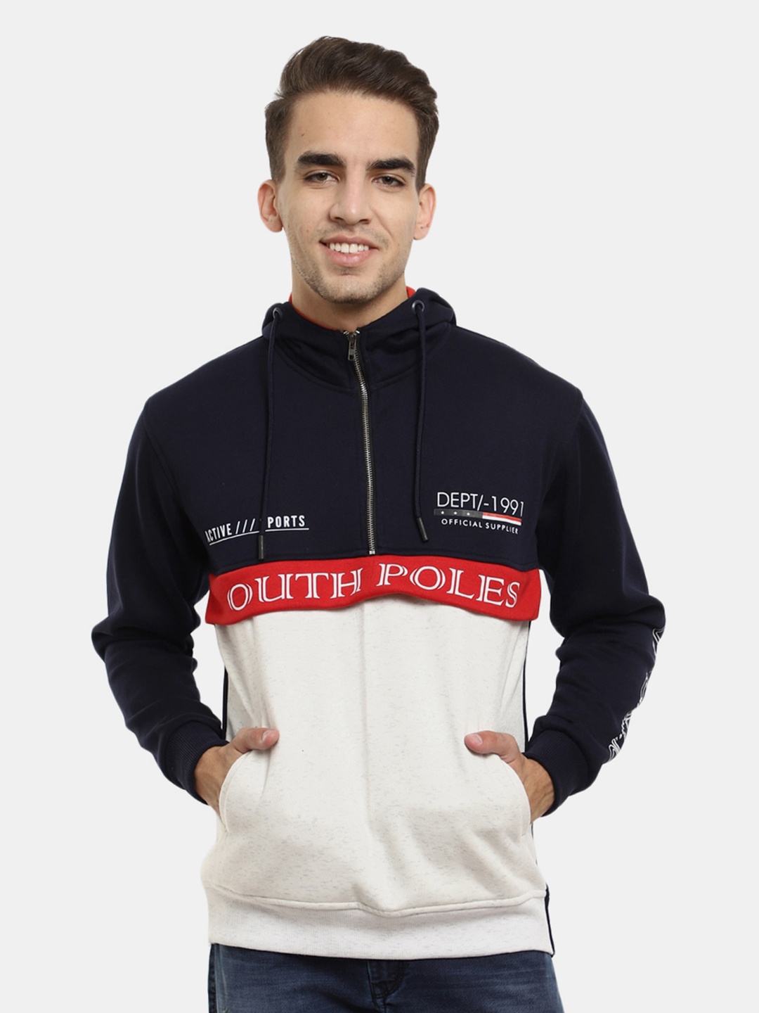 

V-Mart Men Navy Blue Colourblocked Hooded Sweatshirt