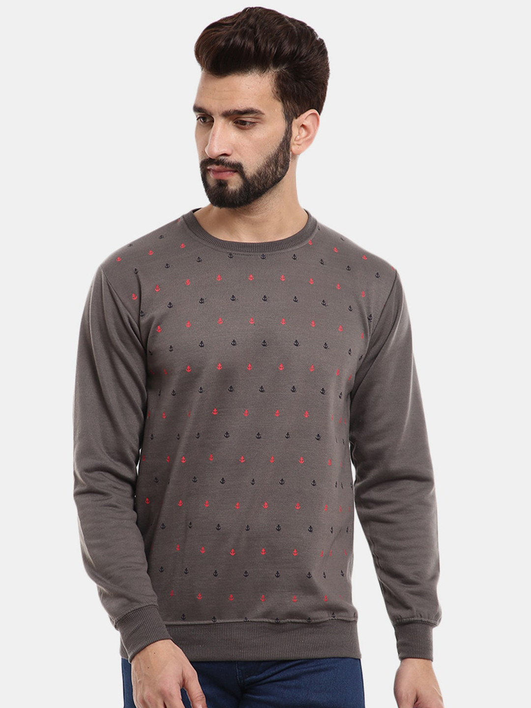 

V-Mart Men Grey Melange Printed Sweatshirt
