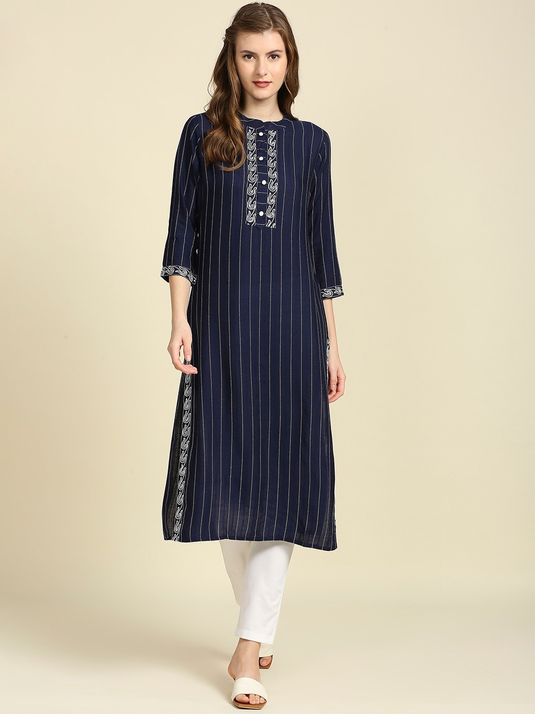 Aanyor Striped Floral Mandarin Collar Straight Regular Cotton Kurta, Blue