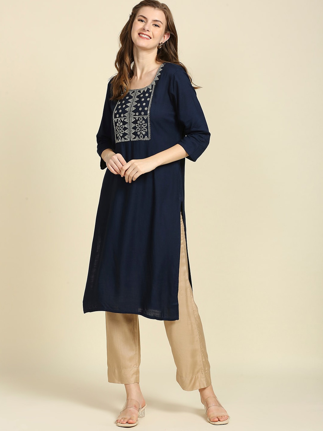 

Aanyor Women Blue Embroidered Flared Sleeves Thread Work Floral Kurta