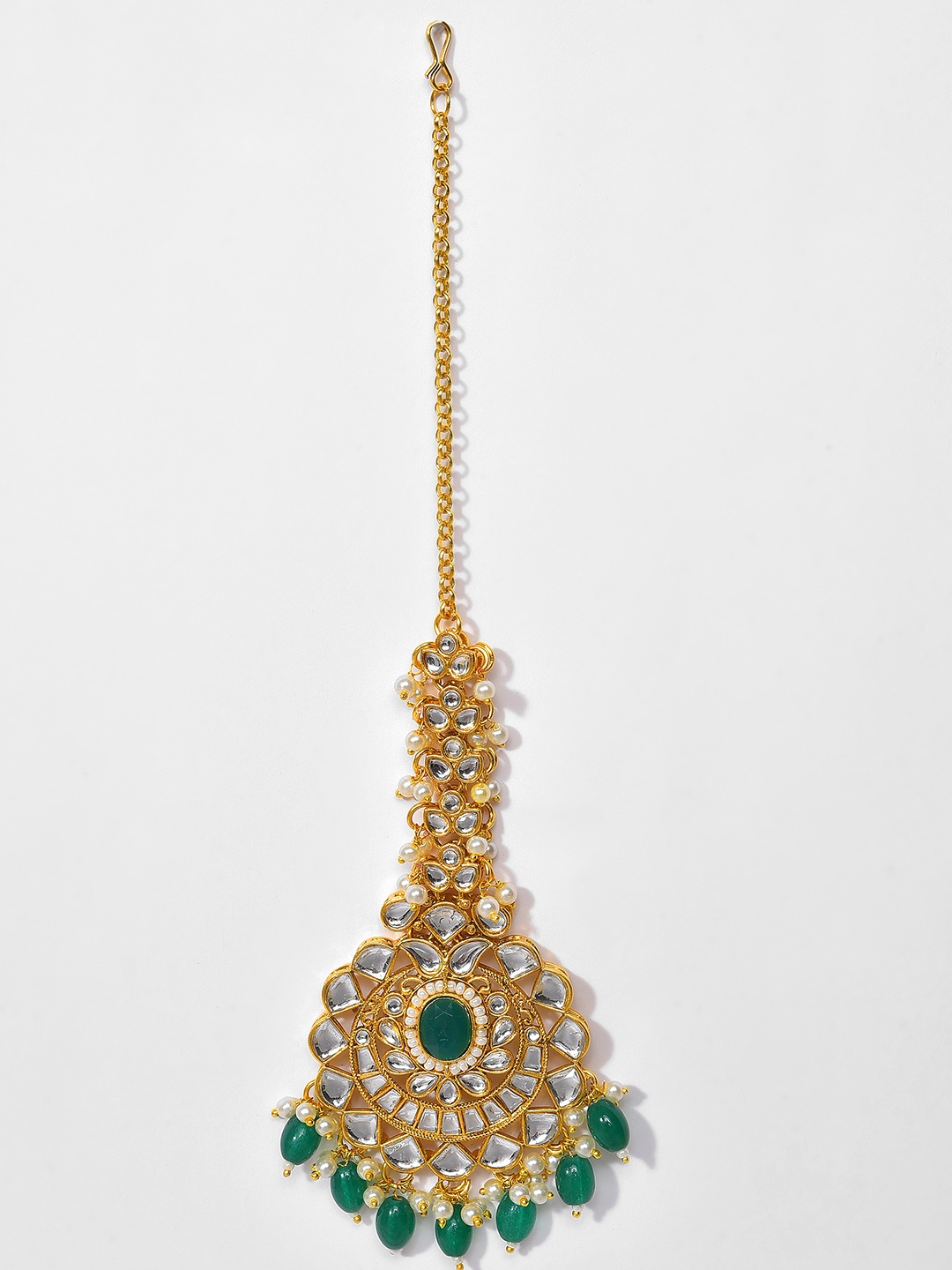 

SOHI Gold-Plated Green & White Kundan-Studded & Beaded Jewellery Set