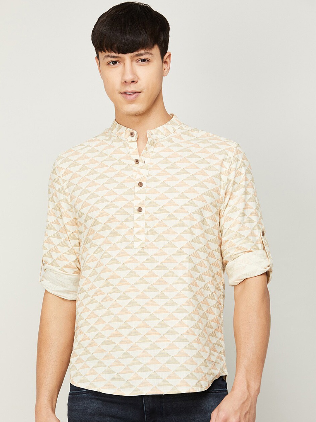 

Melange by Lifestyle Men Beige Geometric Printed Cotton Kurta