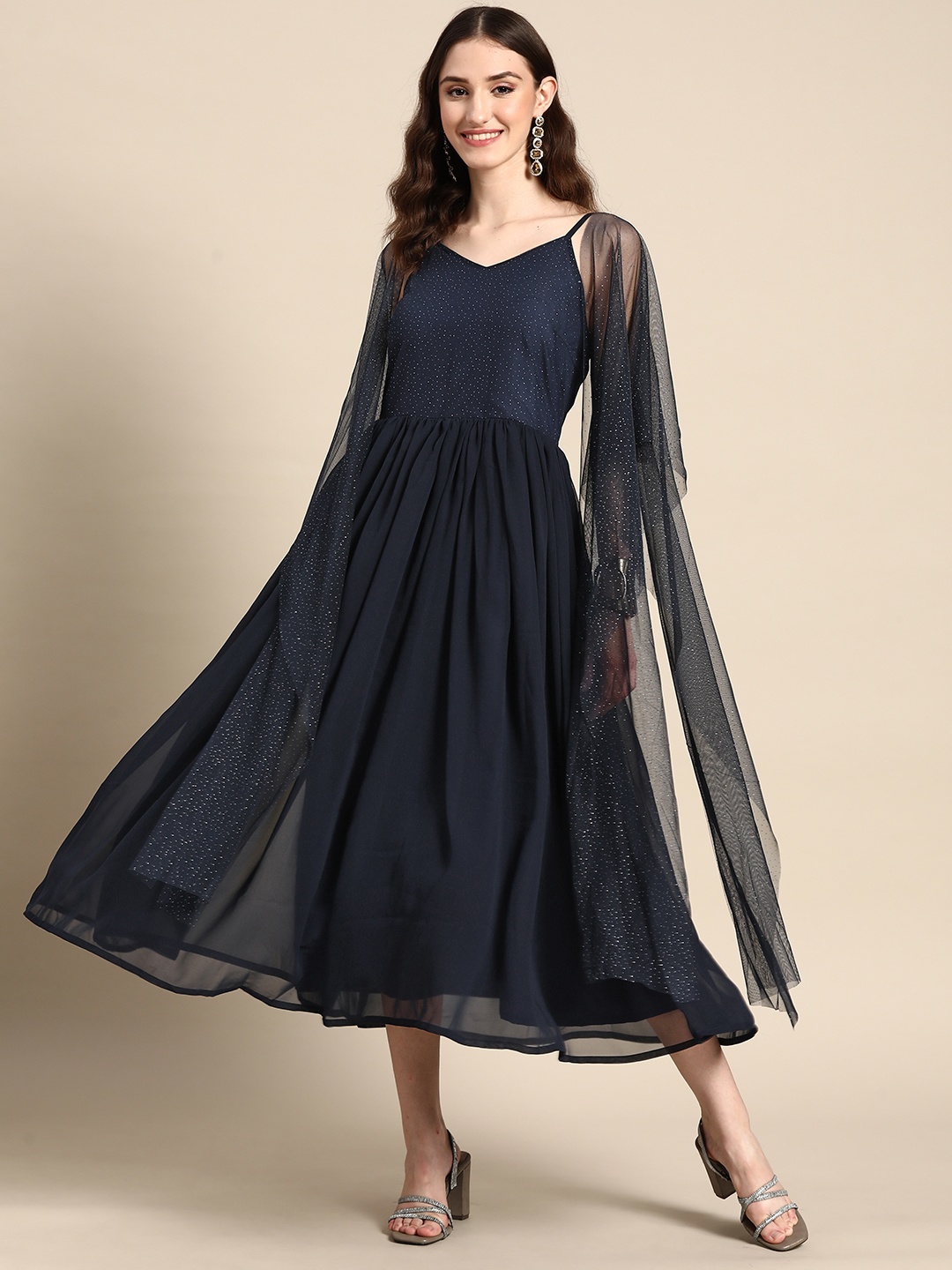 

Sangria Flared Sleeves A-Line Midi Dress, Navy blue