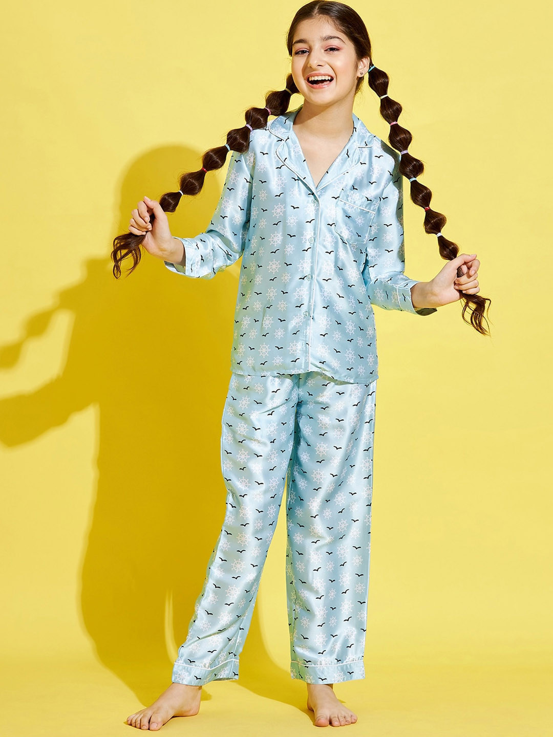

Cherry & Jerry Girls Turquoise Blue & White Printed Satin Night suit