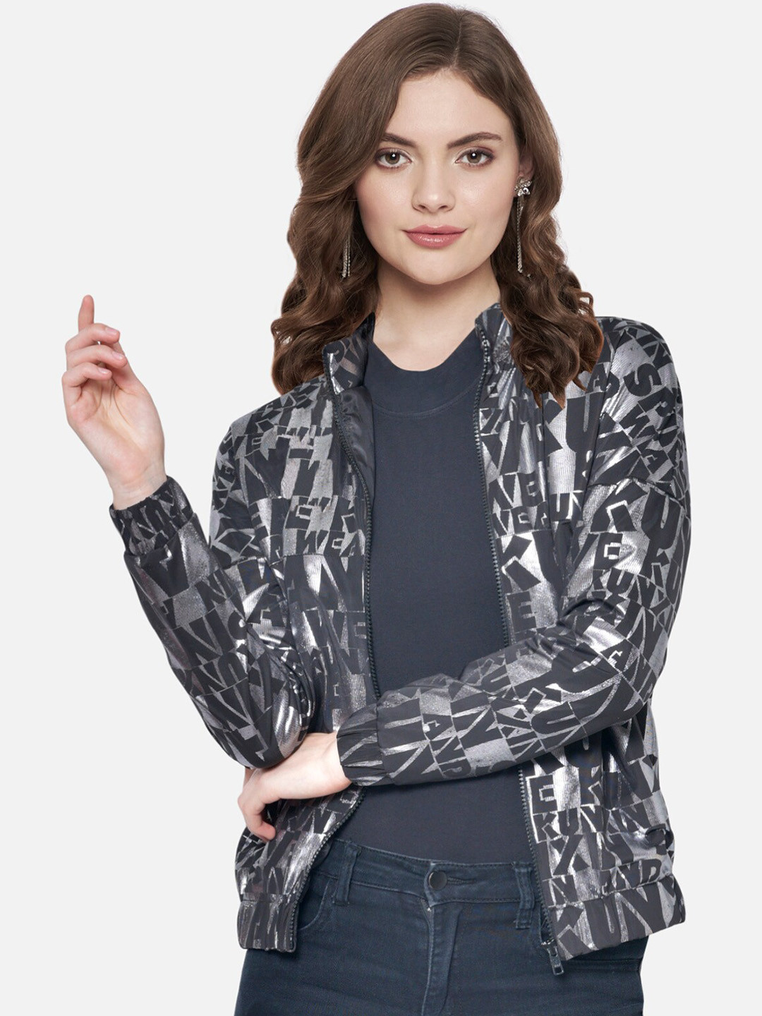 

Martini Women Black Typography Lightweight Bomber Jacket